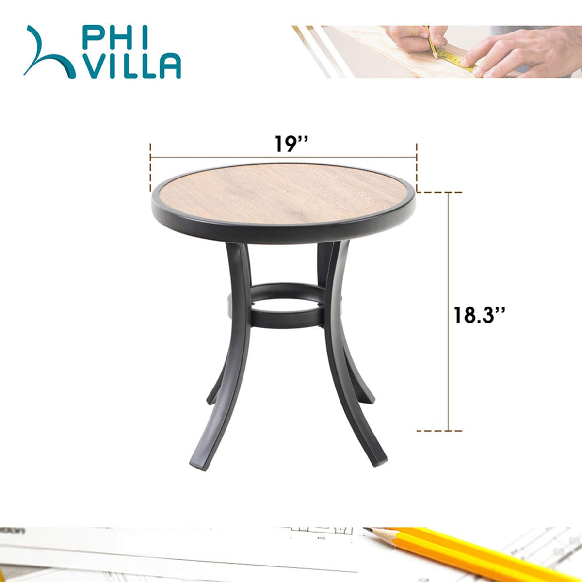 PHI VILLA Outdoor Round Side Table, 19" Metal End Table