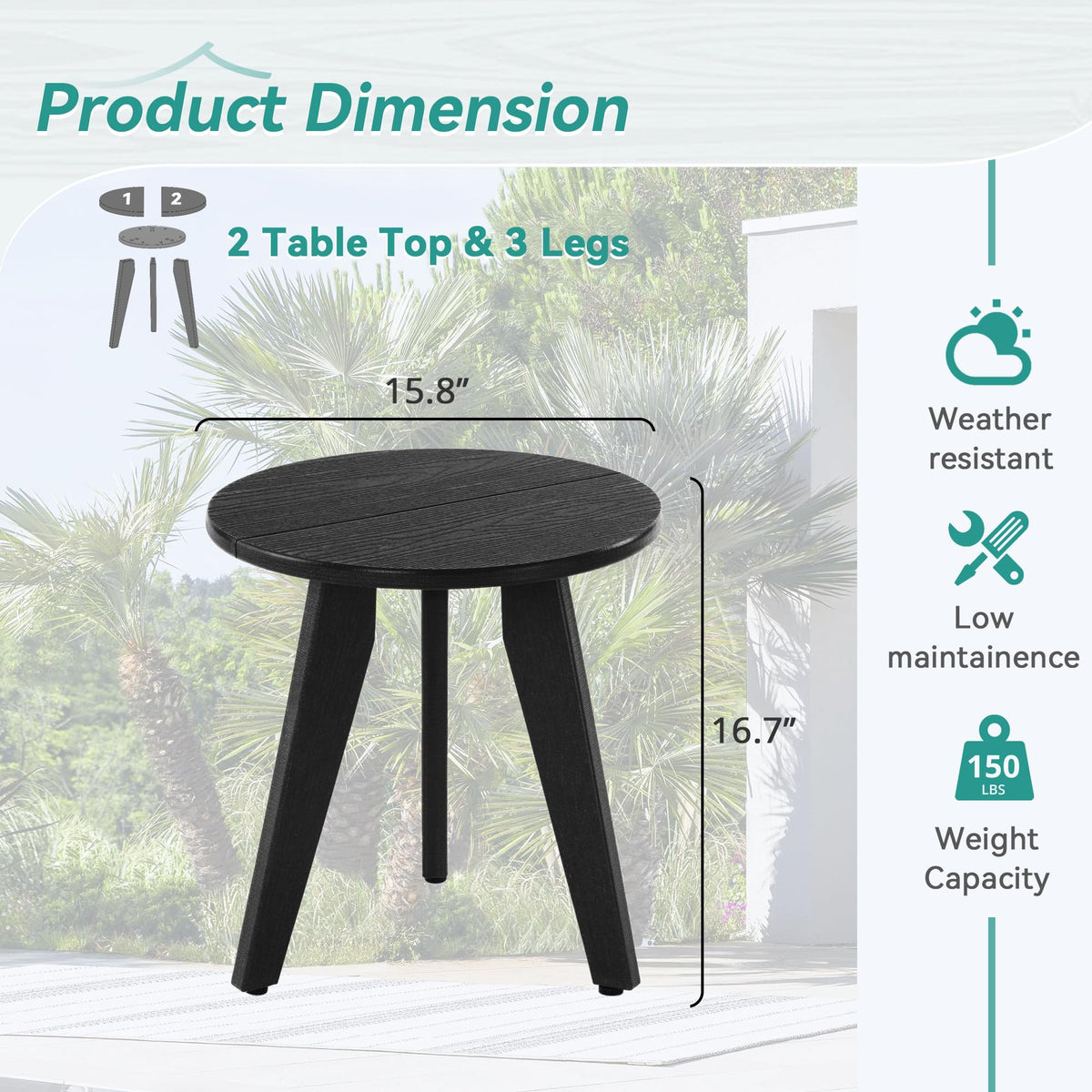 Homenjoy HDPS Outdoor Side Table, Small Round End Table for Outdoor, Black