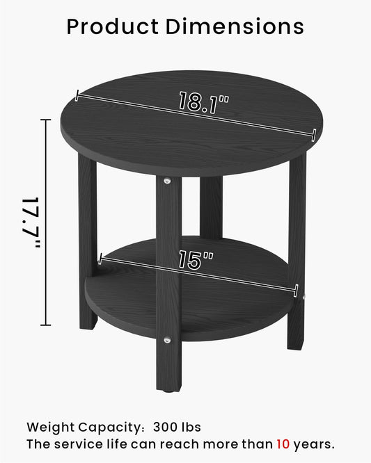 BIVODA HDPE Round Outdoor Side Table, 18.1-Inch Weatherproof Small Outdoor Table for Adirondack, 2-Tier Patio End Table for Garden Backyard Porch Deck Balcony Poolside (Black)